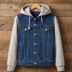 Levi Strauss Co Denim Jacket Hooded Gray Sleeves Women Size M